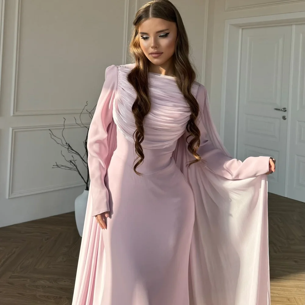 Bella Customized Pink With a Shawl Long Sleeves robes de soirée A-line Pleats Evening Dresses Floor-Length Wedding Dress 2024