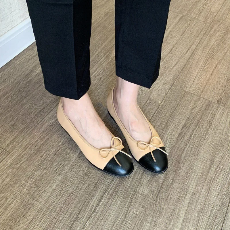 2026 New Women's Two Tone Ballet Flats Bow Cap Toe Beige Black Gold Soft Slip on Comfortable Elegant Chic Plus Size 34-42 Shoes