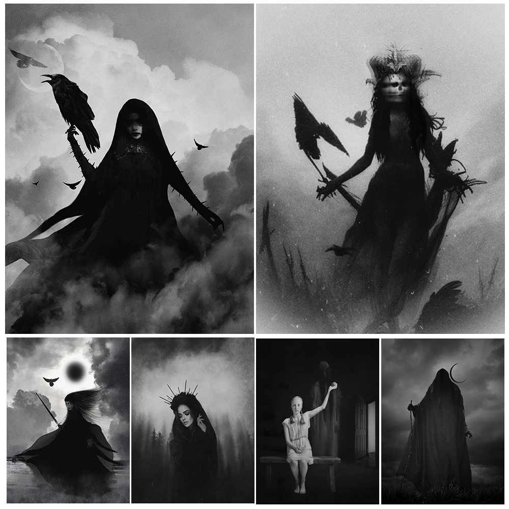 

Dark Witch And Crow Vintage Wall Art Canvas Painting The Black Wizard Under The New Moon Art Psoter And Print Home Decoration