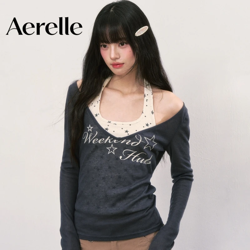 Autumn New Women 2-Piece Outfit, Halter Tank Top + V Neck Long Sleeve Tee, Loose Slimming Layered Casual Tops