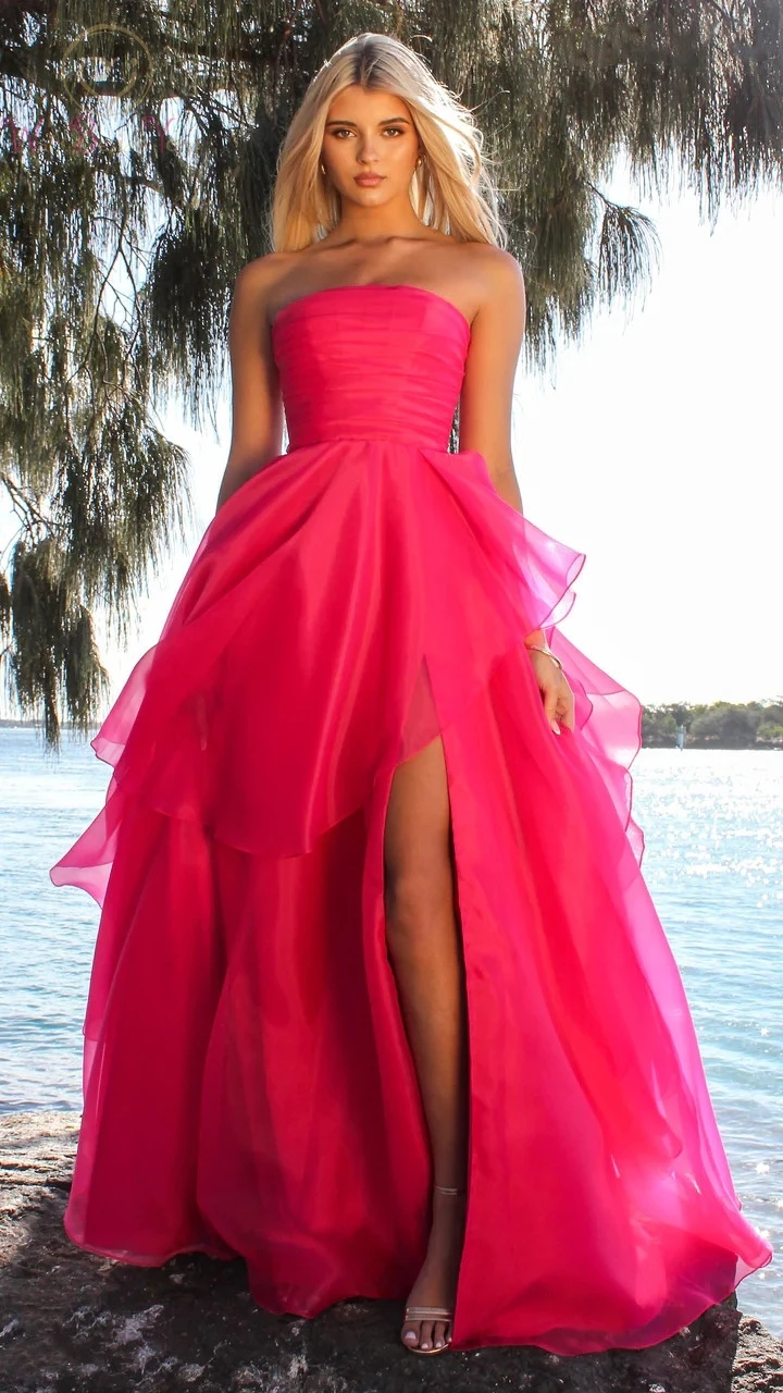 

Hot Pink Formal Prom Dresses Strapless Corset Organza Layered Handkerchief Skirt Leg Slit Evening Gowns Short Front Long Back