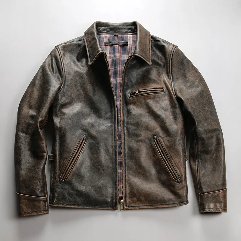 Yellow cowhide men's lapel motorcycle washed leather