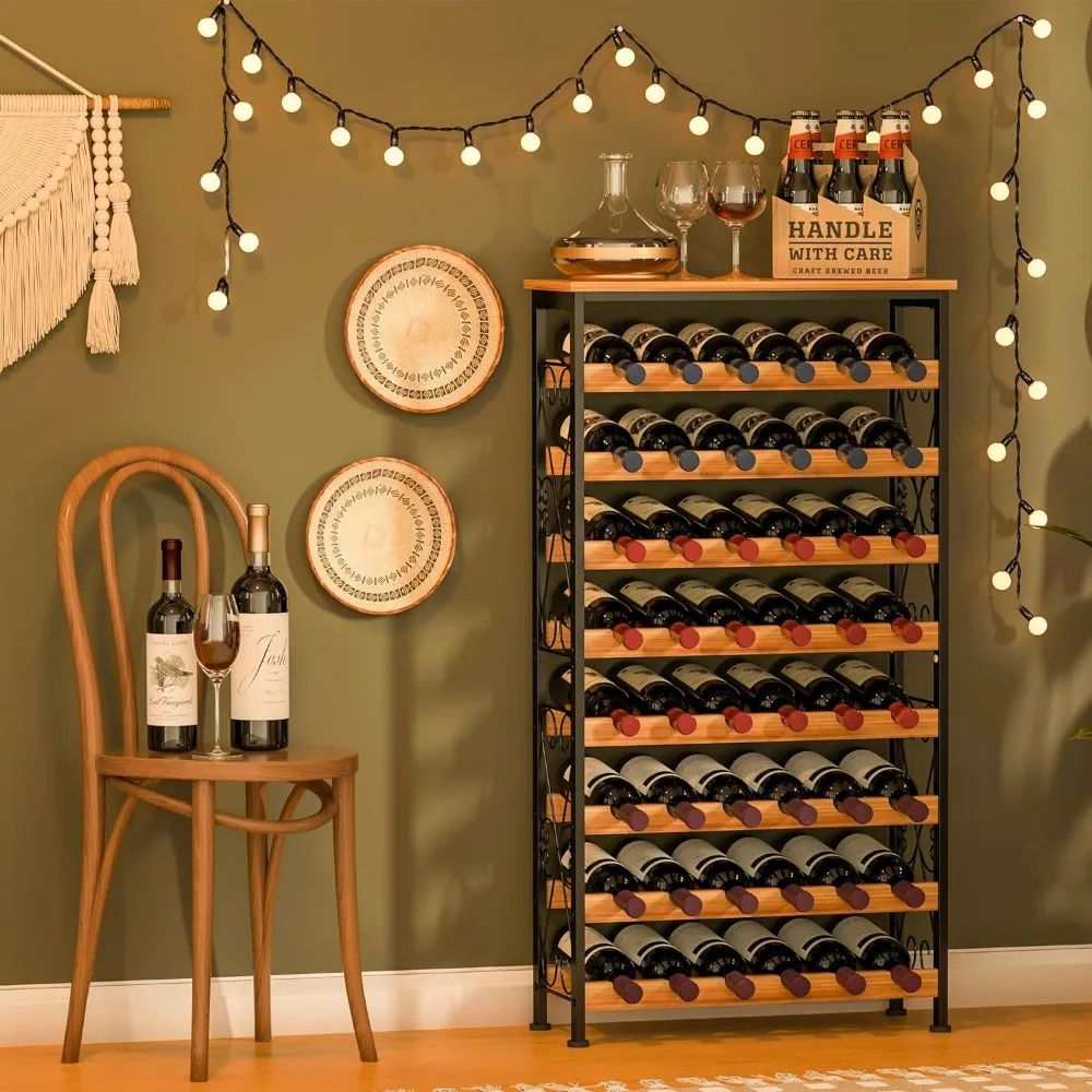 Pavimento Wine Rack com Top de Madeira, autônomo Vinho Garrafa Organizador, Wobble-Free Prateleira, 8 Tier Wine Display Storage, 48 Garrafas