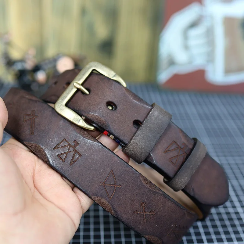 حزام رأس جلد البقر للرجال جينز ريترو برونزي دبوس فئة حزام ربطات عنق غير رسمية
