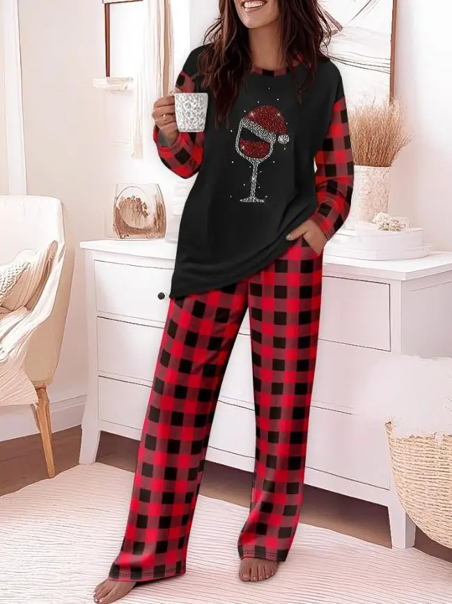 

2-Piece Patterned Checkered Printed Long Sleeved Top and Checkered Printed Elastic Pants Casual Pajama Set