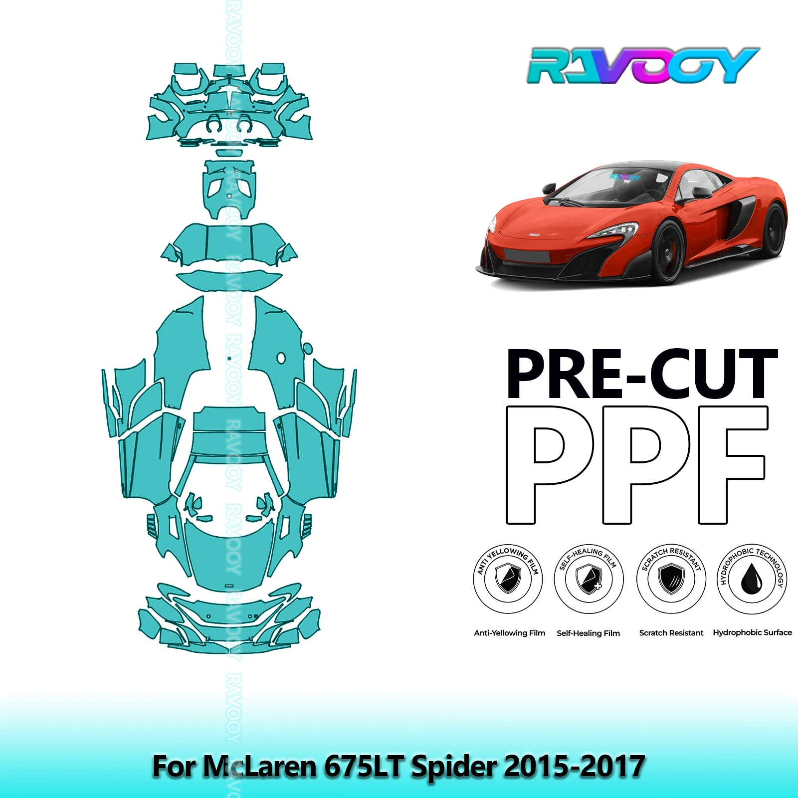 RAVOOY 8.5Mil Custom-Fit Precut TPU PPF Full Vehicle Clear Bra Stone Guard EU UK For McLaren 675LT Spider 2015-2017