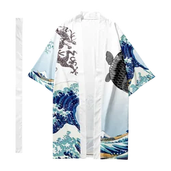 Kimono con estampado de ondas para hombre y mujer, camisa hawaiana a la moda, Tops de playa de tendencia elegante, albornoces Yukata sueltos, ropa japonesa