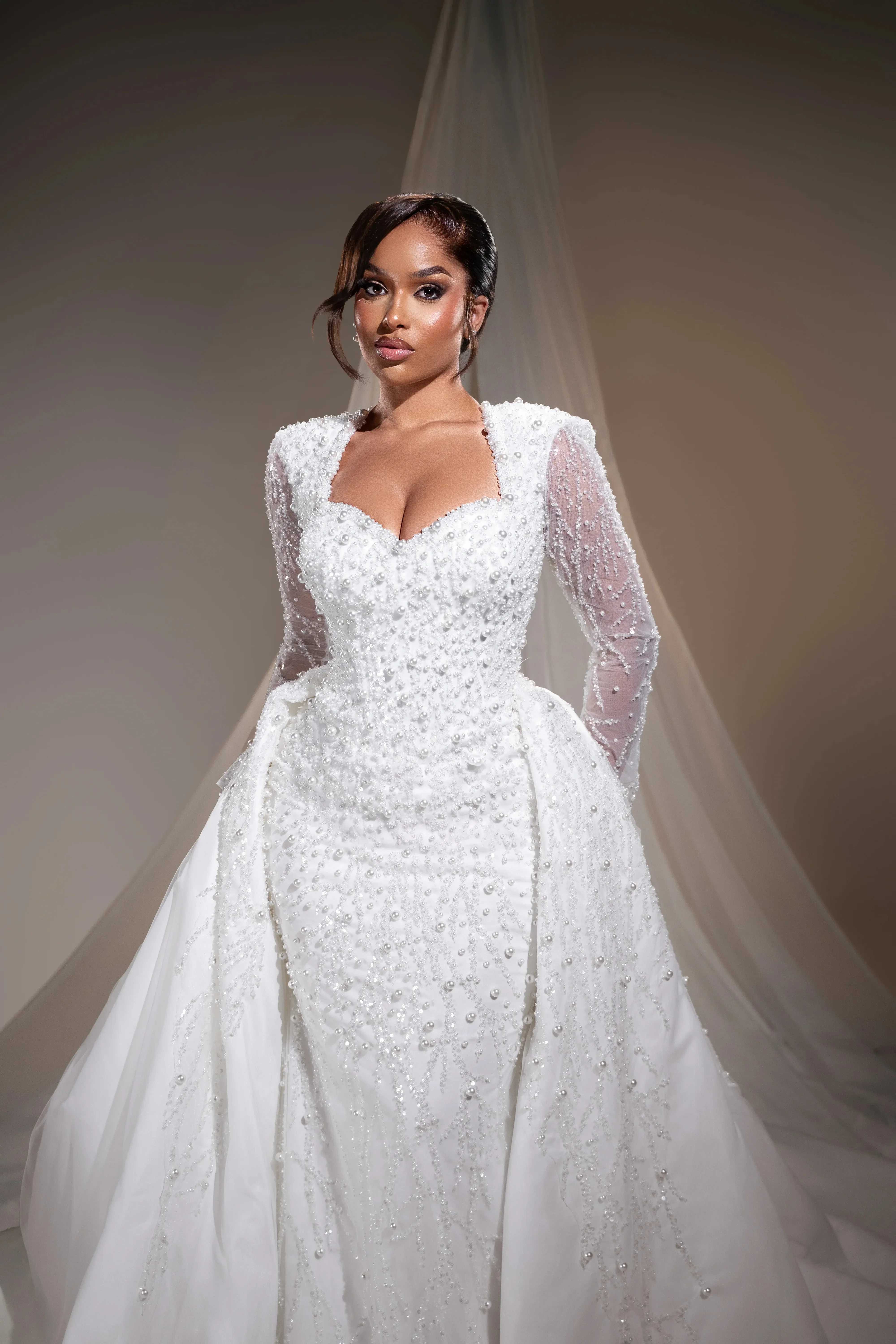 Customized  Square Neck Sparkly Heavy Pearls Bead Wedding Dress Robe De Mariée Mermaid Luxury  Bridal Gowns with Removable Skirt