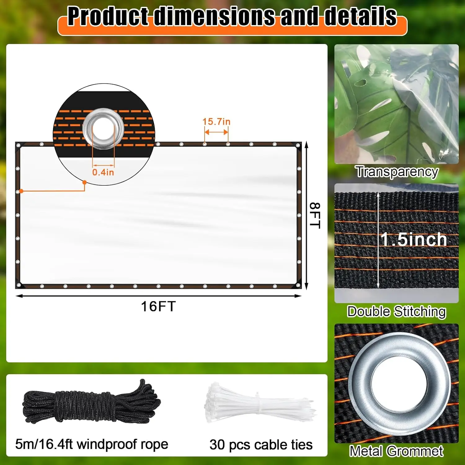 8x16 FT Heavy Duty Clear Waterproof Tarps Outdoor Garden Rainproof Covering,Clear Vinyl Tarp with Grommets,Transparent Water