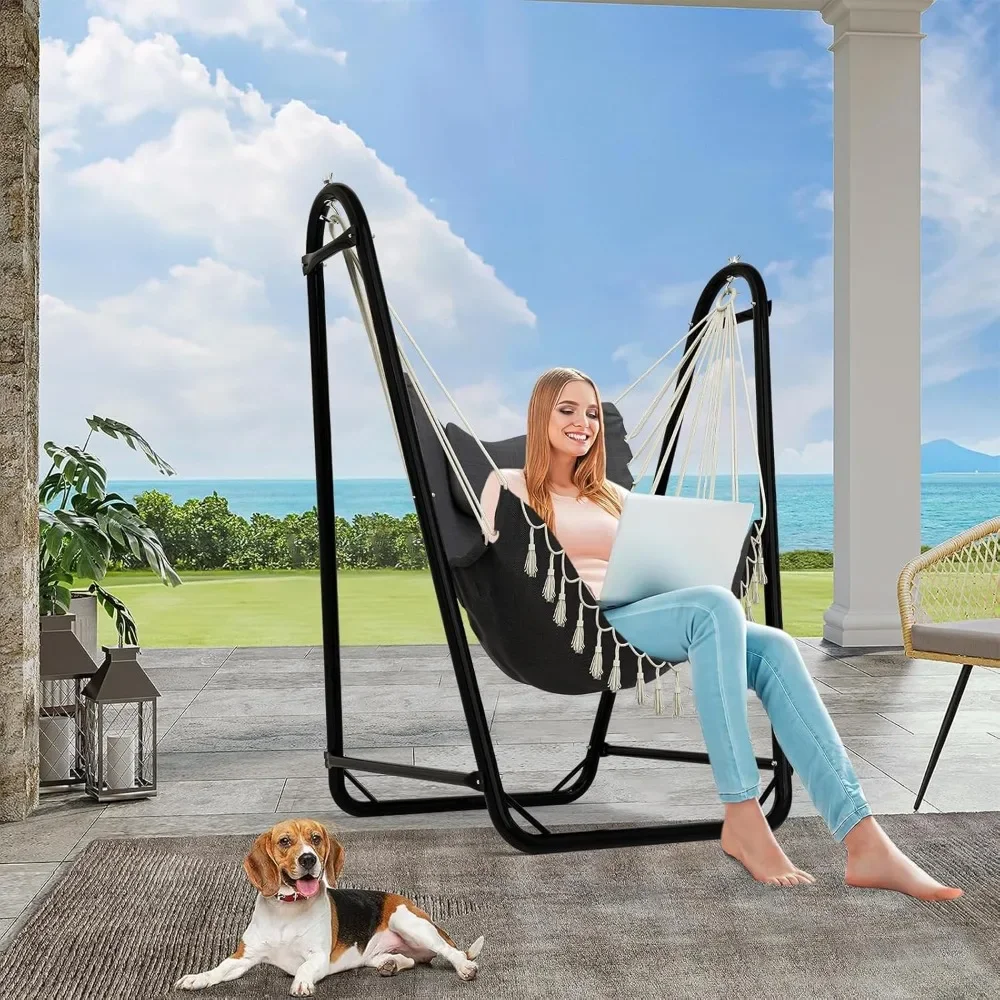 

Patio Swings, Unique U-Shaped Hammock Chair with Stand,Sturdy & Rust-Resistant,Free Gray Cotton Hammock Chair, Patio Swings