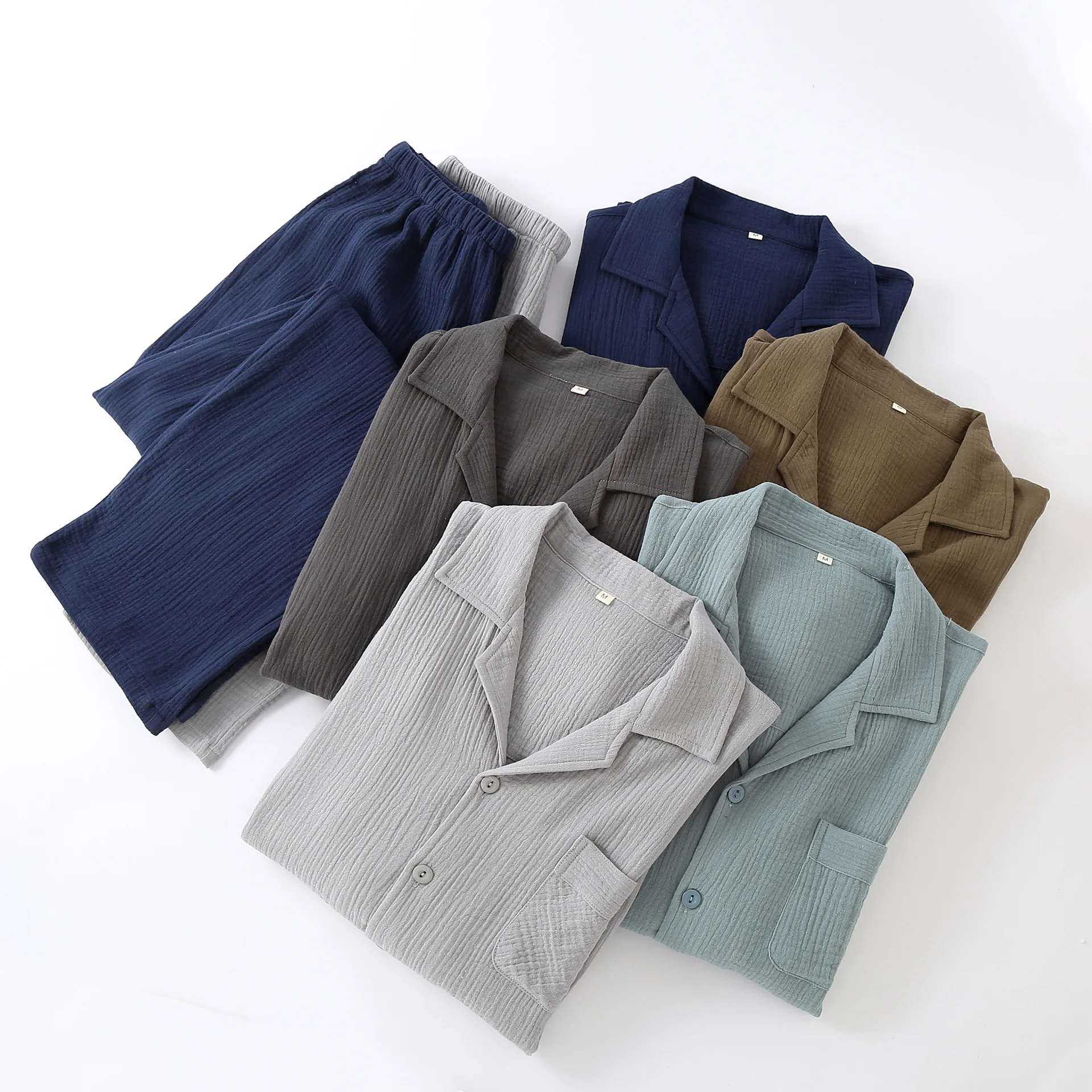 2026 Spring And Autumn New Men's Pajama Set 100% Cotton Crepe Cardigan Solid Color Loose Long Sleeve Home Clothes Two Piece Set