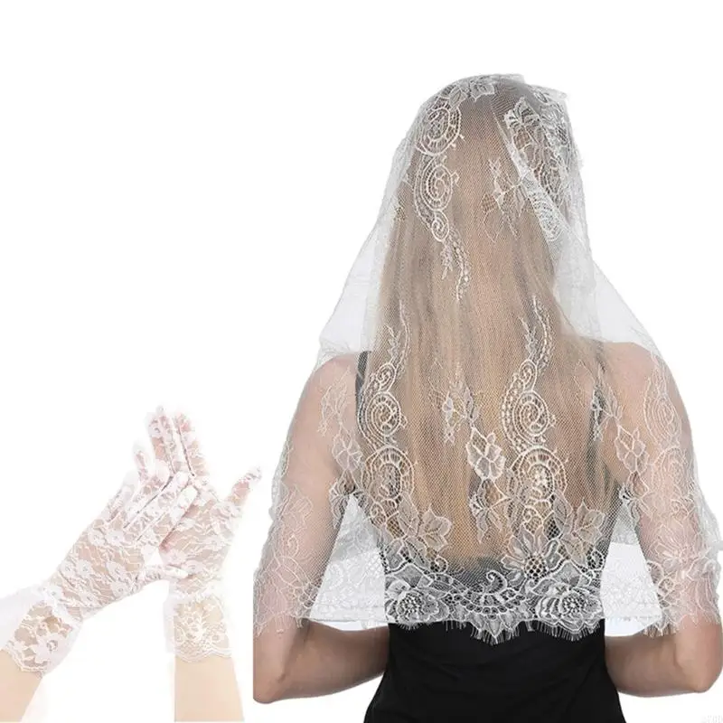 270D Women Floral Lace Glove Bridal Wedding Veil Hair Accessories for Wedding Cosplay