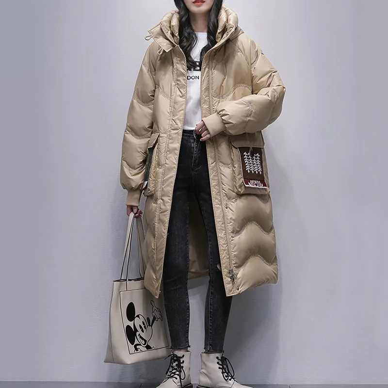 New Winter 2023 Hooded 90% White Duck Down Coat Women's Long Black Down Jacket Loose Thick Female Warm Casual Parker Overcoat