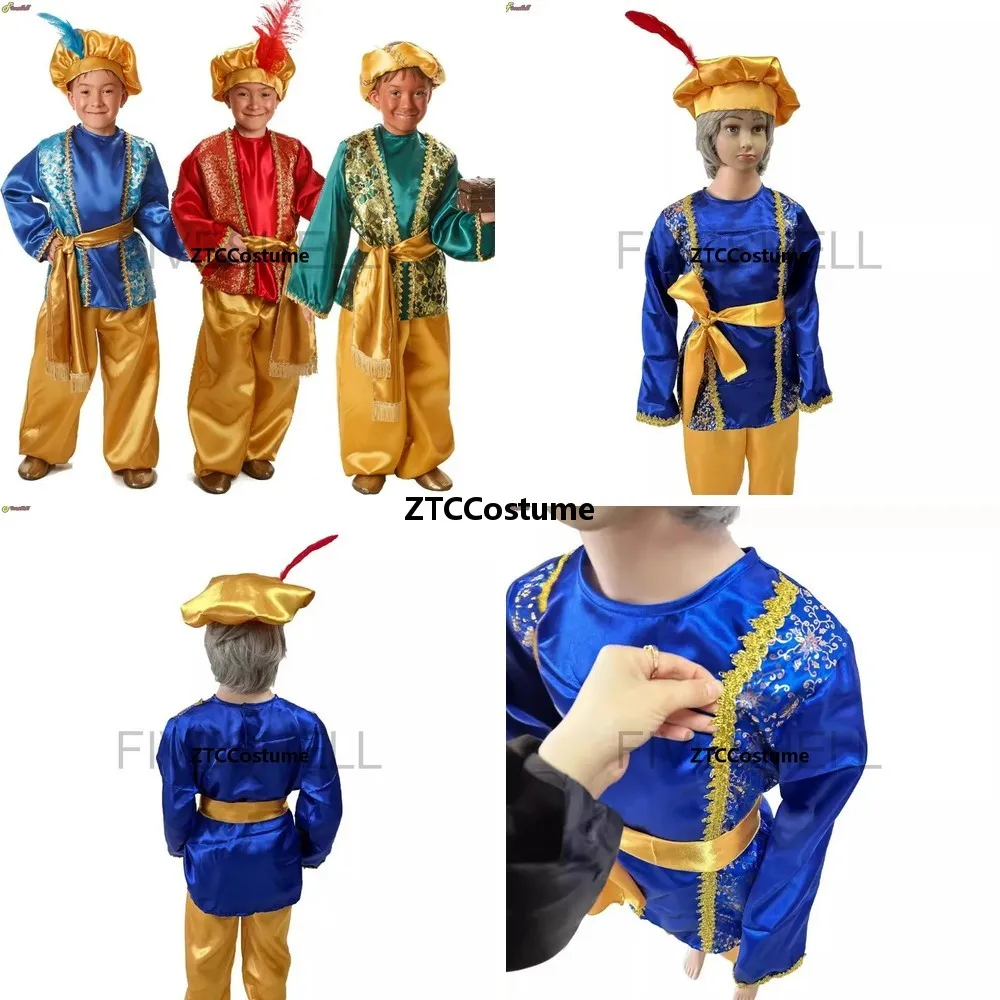 

Arabian Prince Cosplay Costume for Boys with Cape Gold Trim Bodysuit Long Sleeve Halloween Party Dress Up