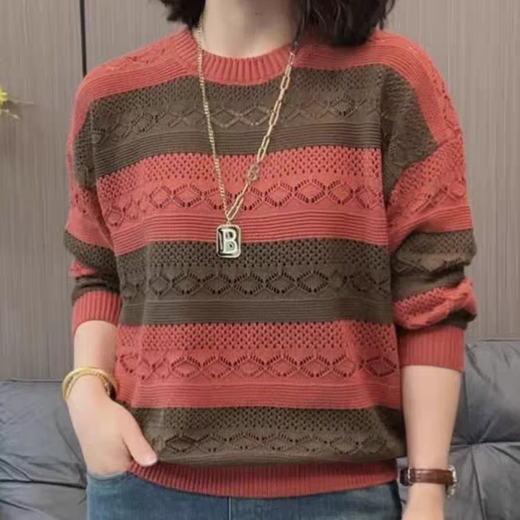 

Lazy Stripe Knitwear Women's Spring Autumn Thin Long Sve Loose Faionable Meat Covering Hollow Top round Ne Pullover