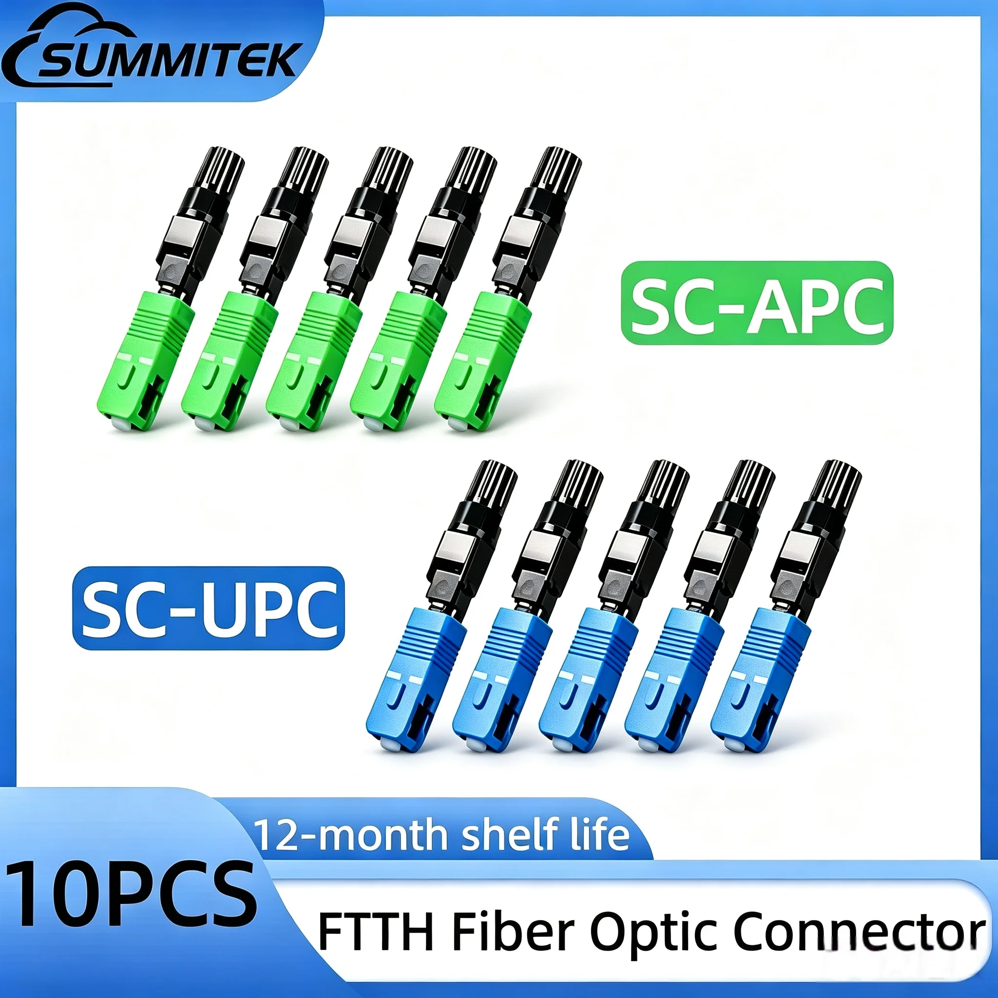 SUMMITEK 10PCS SC APC Embedded Optic Fiber Quick Connector SC UPC for FTTH Reusable Fusion Fiber Optical Adapter