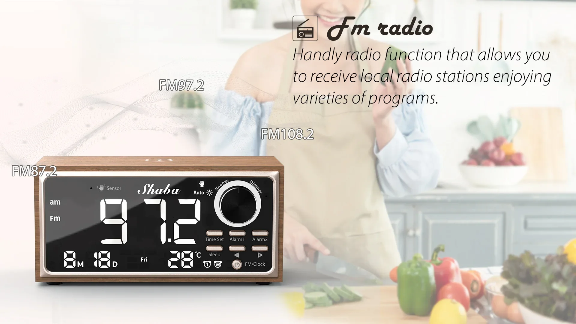 Multifunctional retro Dual Alarm Radio FM 15W Fast Wireless Charging LED Display Dimmer Control Auto-Dimming Digital Clock