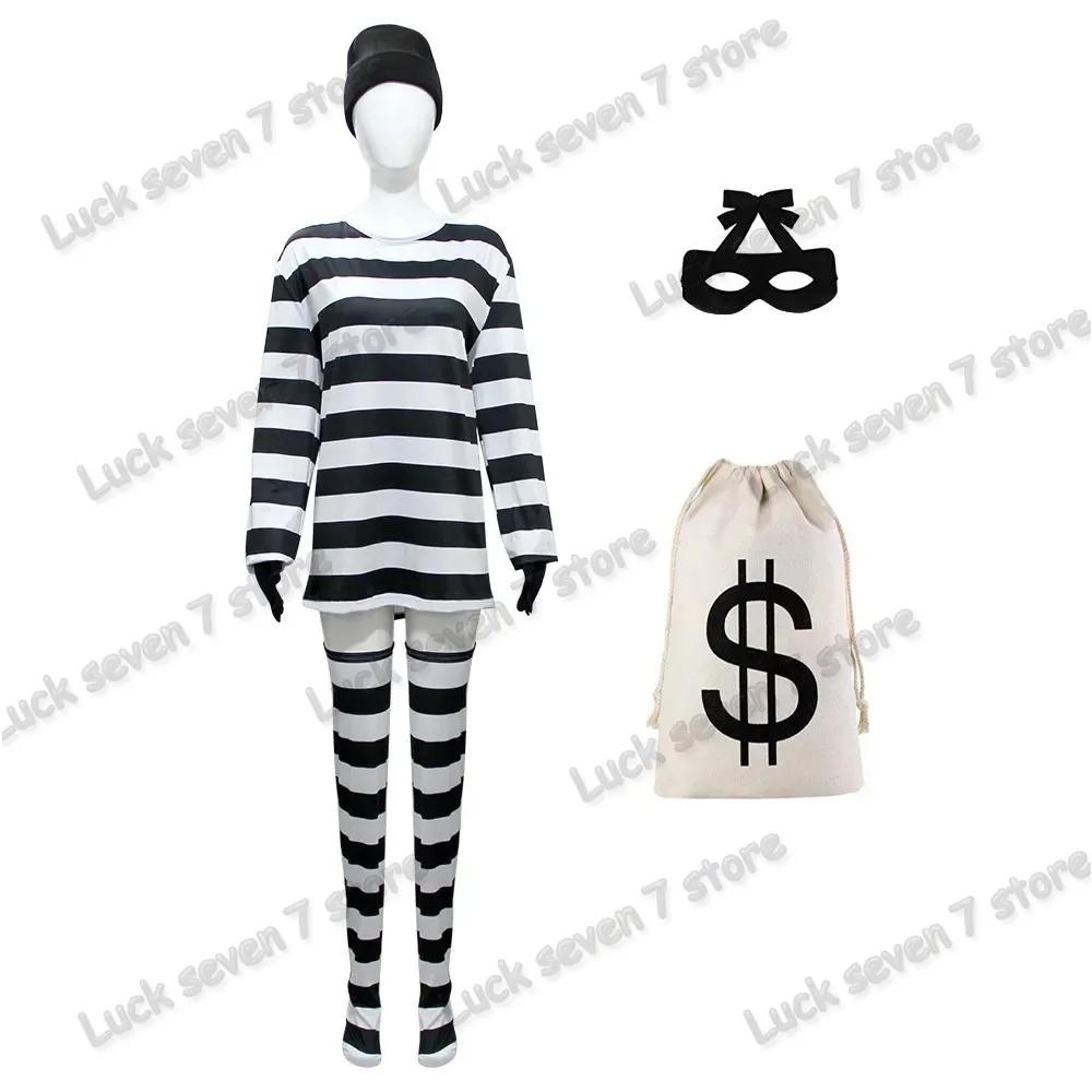 Thief Convict คอสเพลย์เครื่องแต่งกายผู้ใหญ่ผู้หญิง Stripe Top Stocking หมวกชุด Halloween Prisoner Carnival Party เครื่องแต่งกายชุด