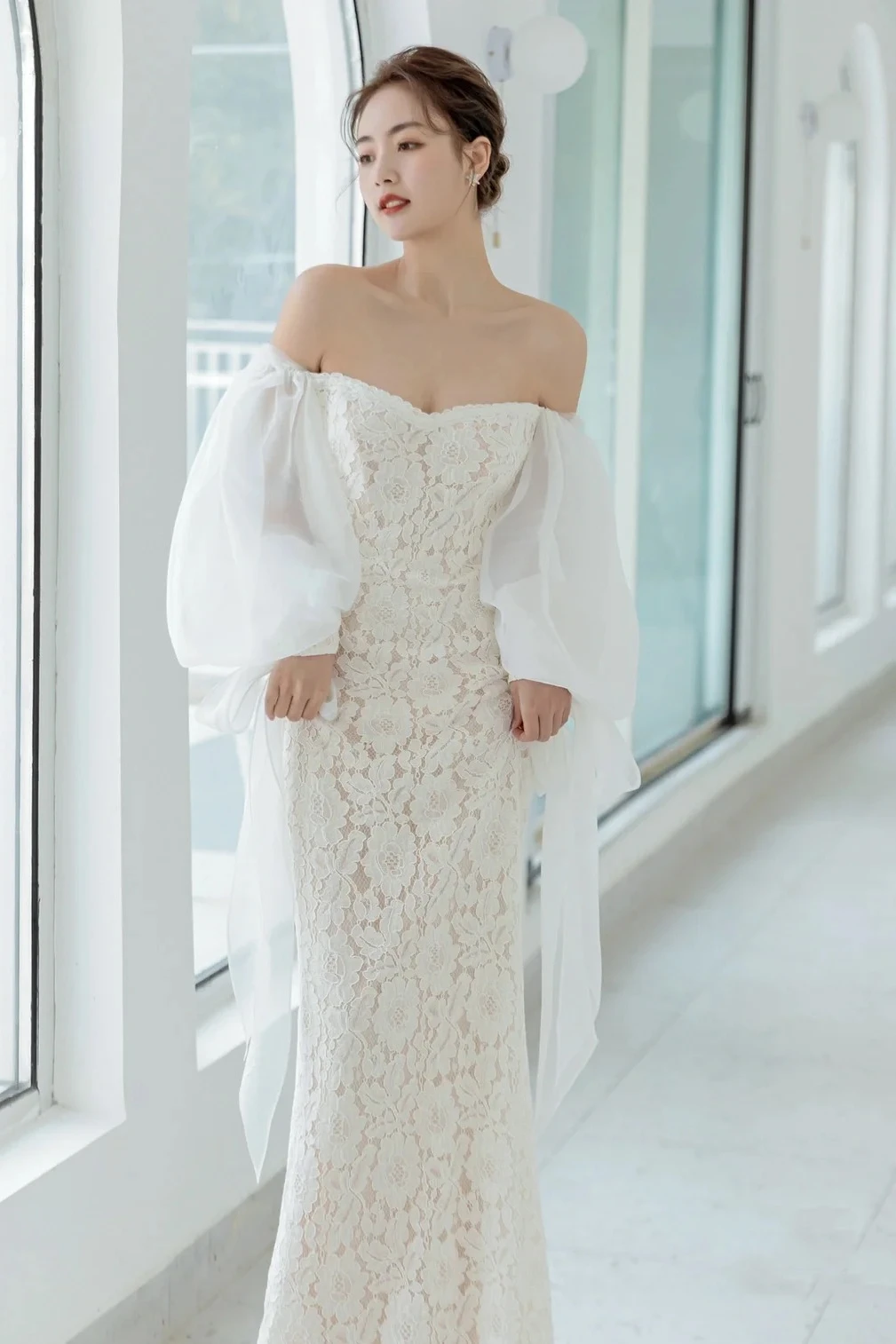 Nuovo Design abito da sposa in pizzo senza spalline con spalle scoperte maniche a sbuffo abiti da sposa senza schienale a sirena Vestidos De Mairee Mariage