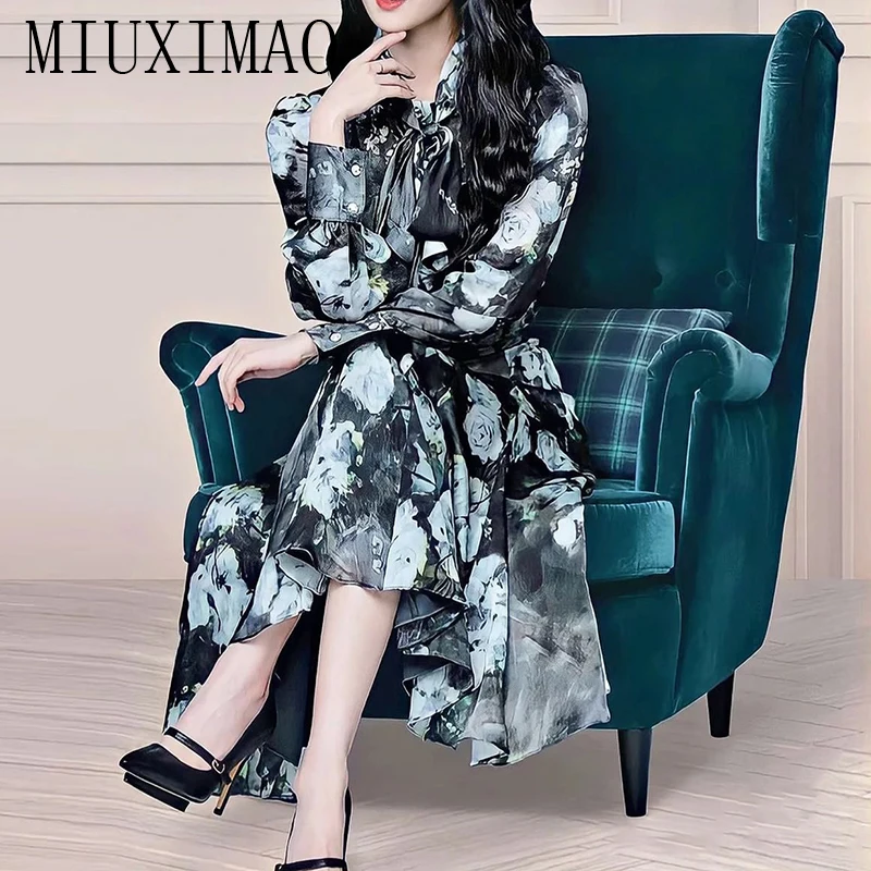 

MIUXIMAO 2023 High Quality Spring&Summer Elegant Dress Long Sleeve Bow Chiffon Print Belt Fashion Long Dress Women Vestide