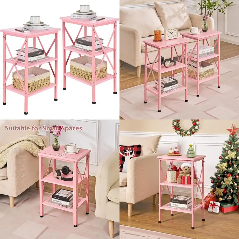 

Pair of 24 Pink X-Design Nightstands with 3-Tier Shelves for Living Room, Bedroom, and Office
