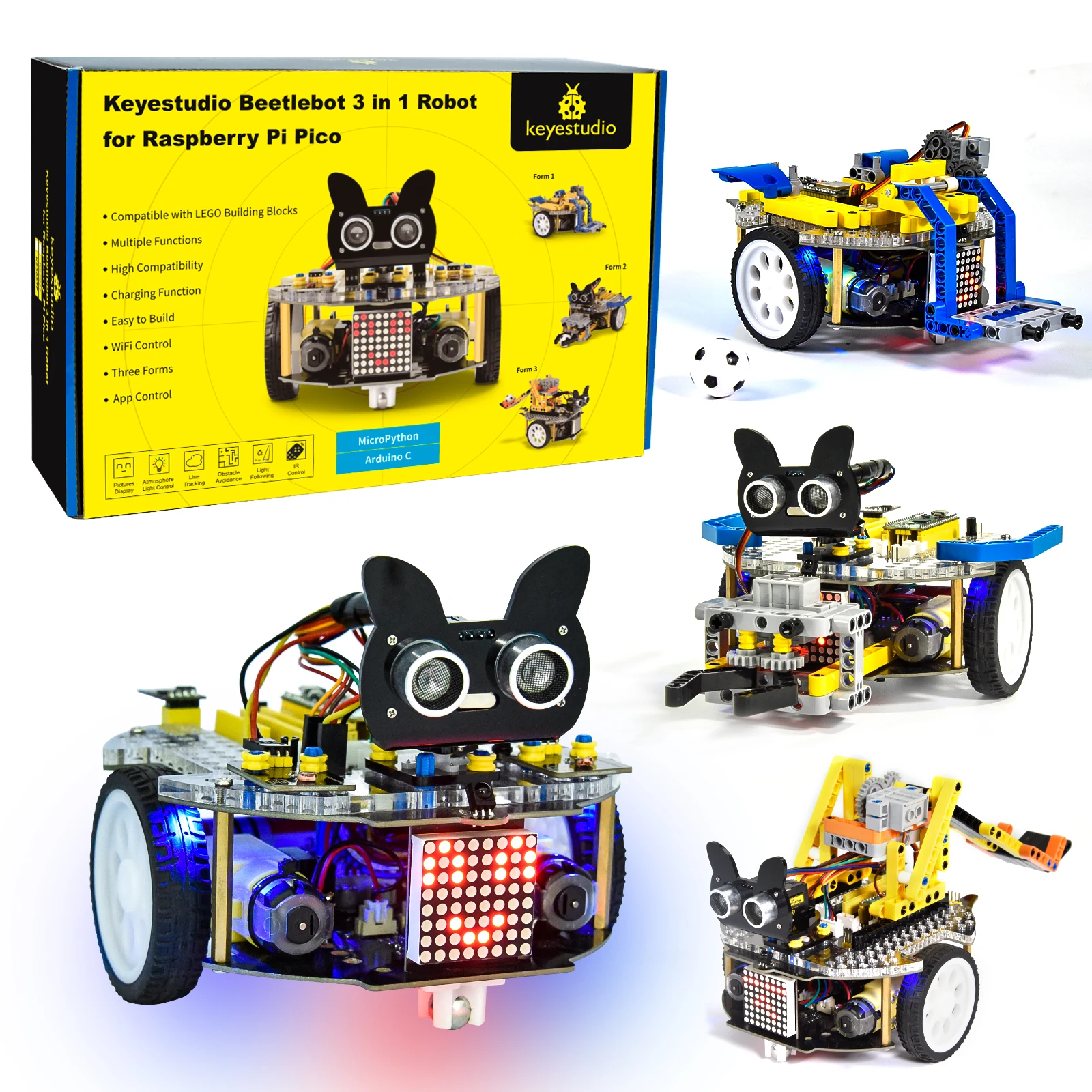 Keyestudio 3 in 1 Pico Robot for Raspberry Pi Pico Cars Support Python &C Tutorials Programming Compatible With LEGO Robot Kit