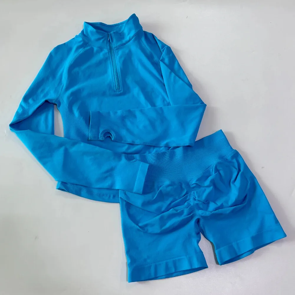 Yoga set met lange mouwen voor dames, high waist running shorts & top workout outfit, naadloze gymkleding 2-delige set, fitness lounge kleding