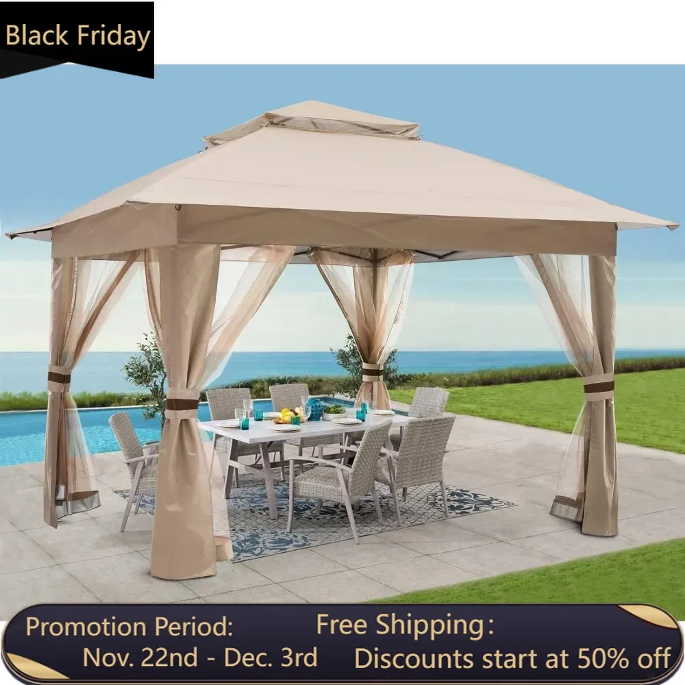 13x13Ft Pop up Gazebo Easy Pop Up Canopy Tent Instant Folding Shelter with Mosquito Netting Walls(Khaki)