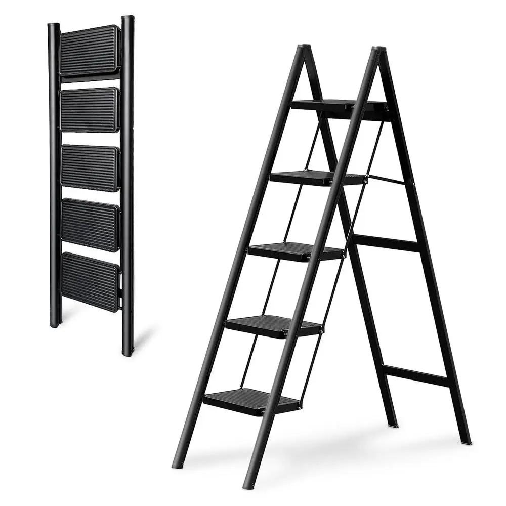 Escalera plegable de 5 escalones de alta resistencia para interiores/exteriores, capacidad de carga de 330 libras, armario de cocina alto antideslizante, plástico de hierro para adultos