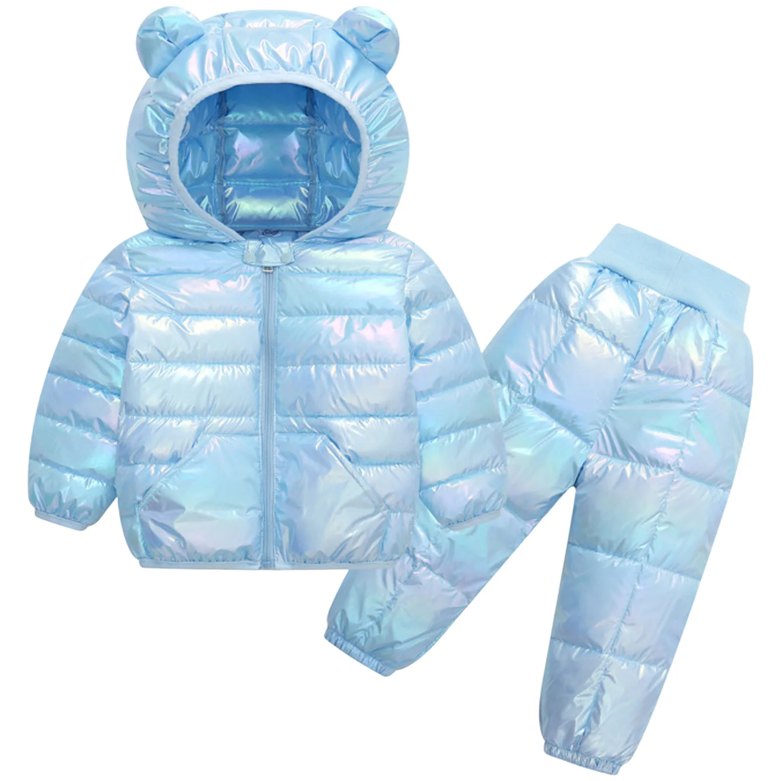 

Блестящий голографический пуховик для девочек и мальчиков, комплект пышного пальто с капюшоном и медвежьими ушками, брюки, теплая зимняя одежда, зимний комбинезон, термоодежда