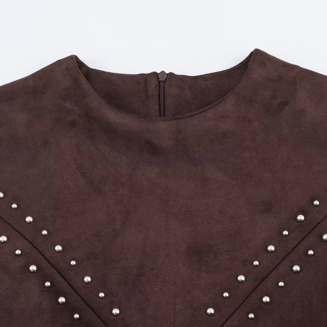 KASLEAD Faionable Réversible Faux Cuir Effet Rivet Dr T-shirt Femme Dr Or Sve rond Ne Ci Trajet