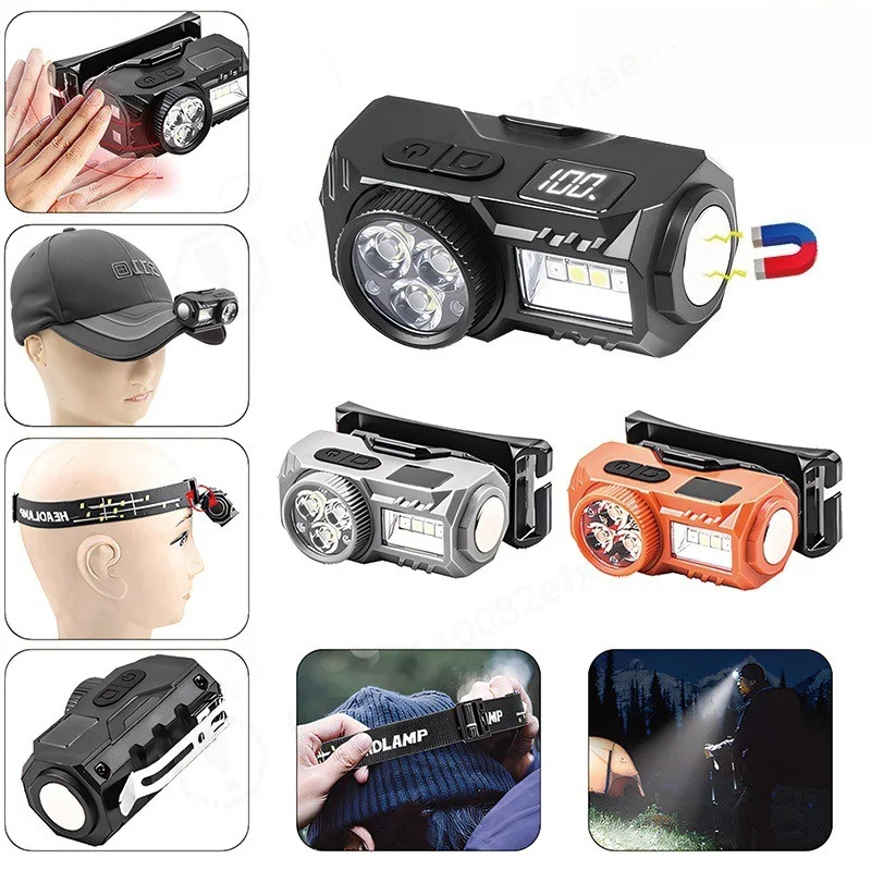 New LED Sensor Headlamp Multi Light Running Flashlight Built In Battery Digital Display Magnetic Mini Headlight