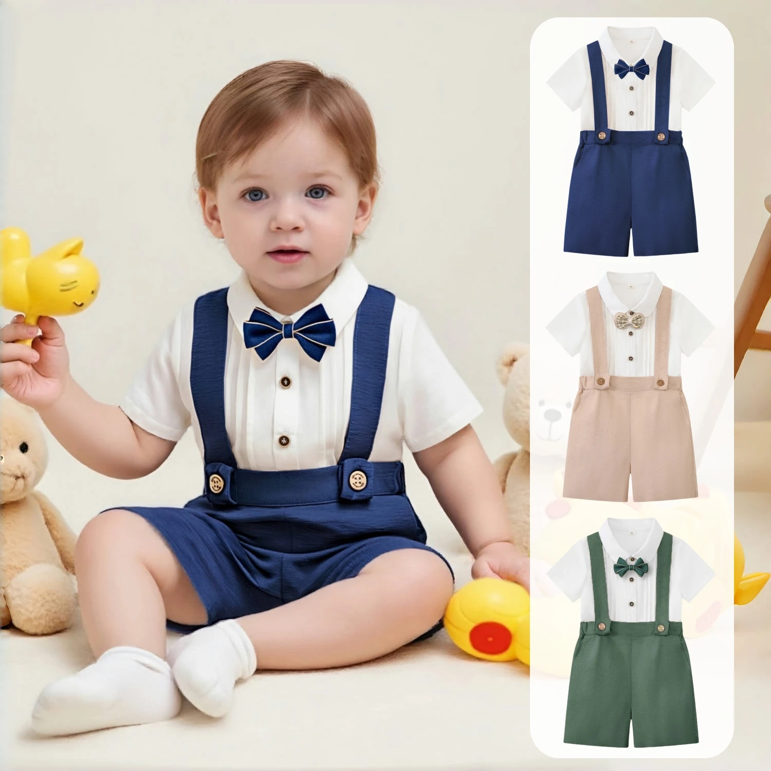 Gentleman Solid Summer Birthday Outfit for Baby Boys 1 2 3 4 Years Toddler Shirt with Strap Shorts Sets Infant Anniversary Cloth