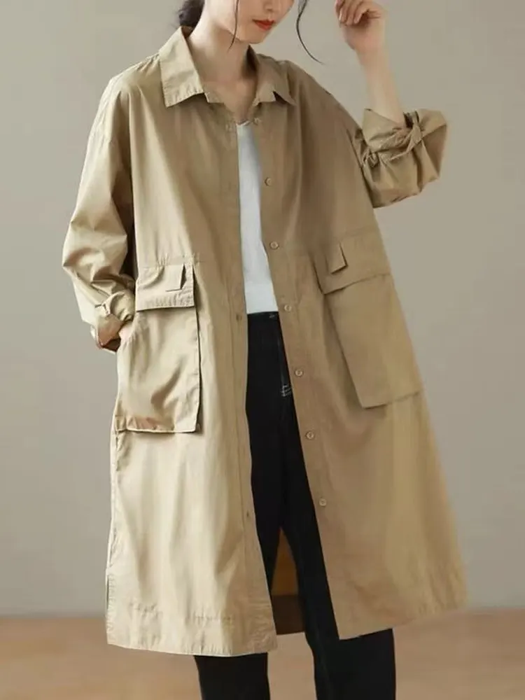 

Spring Large Size Women's Cotton Linen Coat Artistic Faionable Midi Workwear Jaet Slimming Single Button Closure Long Sve