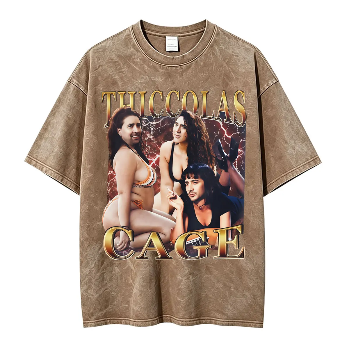 Washed Funny Vintage Thiccolas Cage Nicolas Cage Meme T Shirt Men Women Humor Vintage T-shirt Oversized Cotton Casual T Shirts
