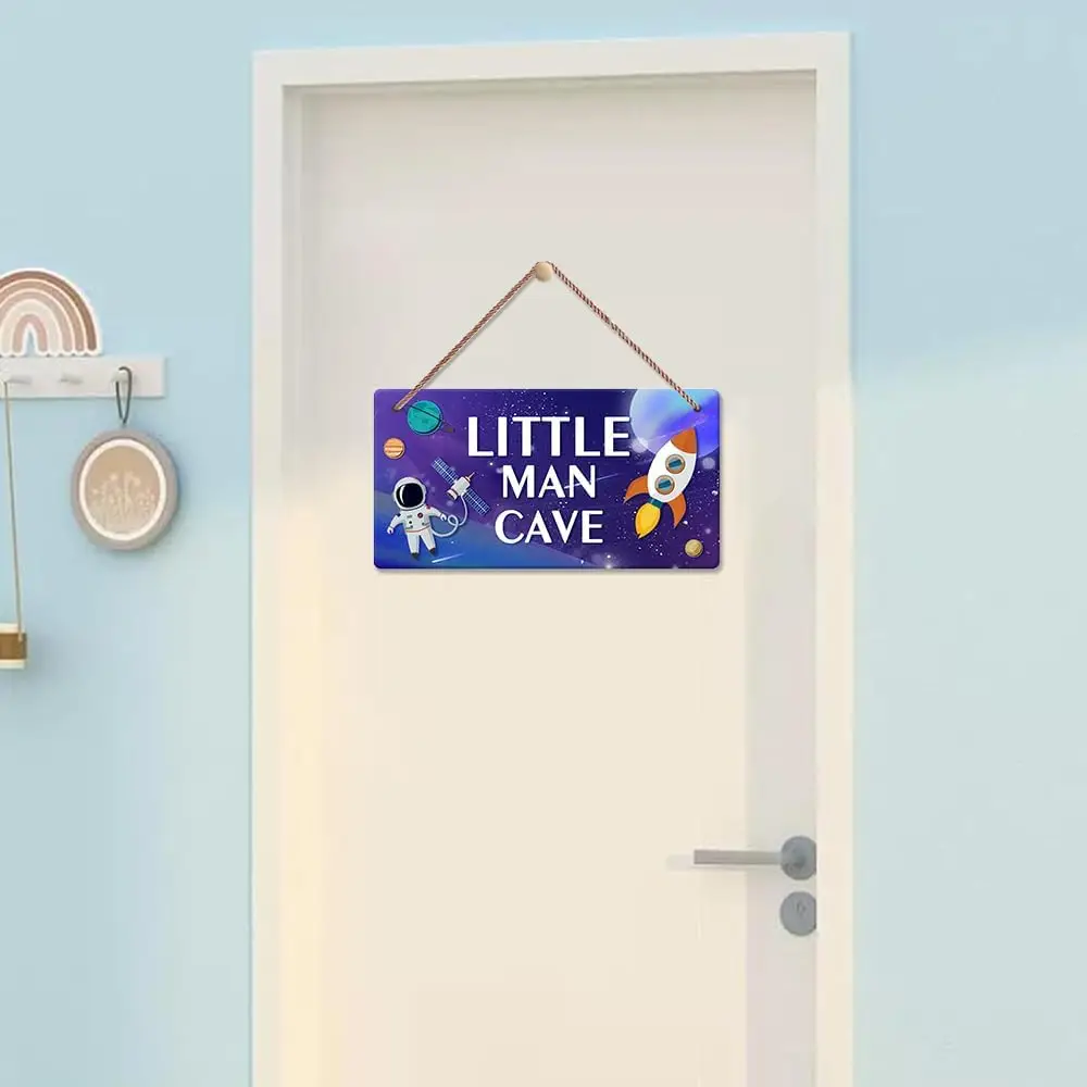 Outer Space Little Man Cave  Plaque Boys Spaceman Bedroom Decor Hanging Sign Wall Door Nursery Accessories 6 X 12 Inches