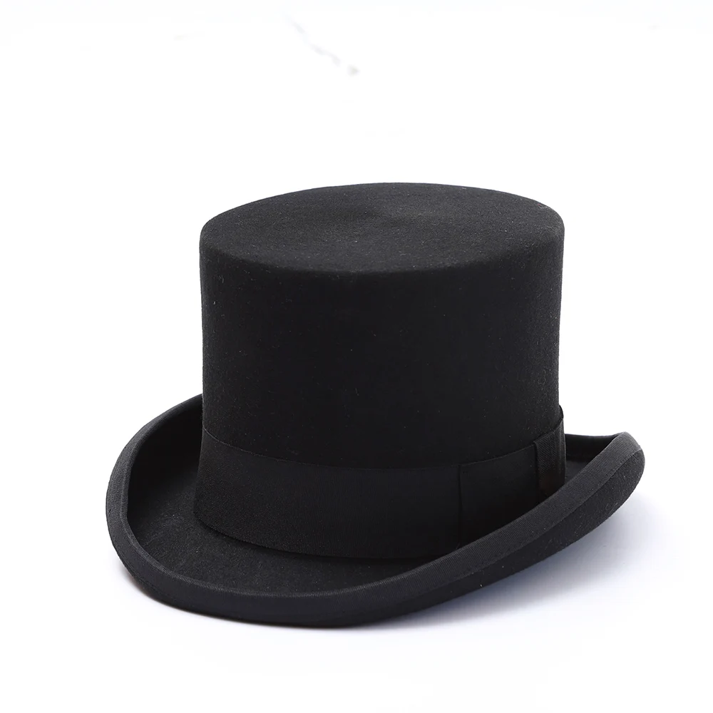 British Black Wool Felt Top Hat Men Big Head Satin Lined Cylinder Hat 14 cm