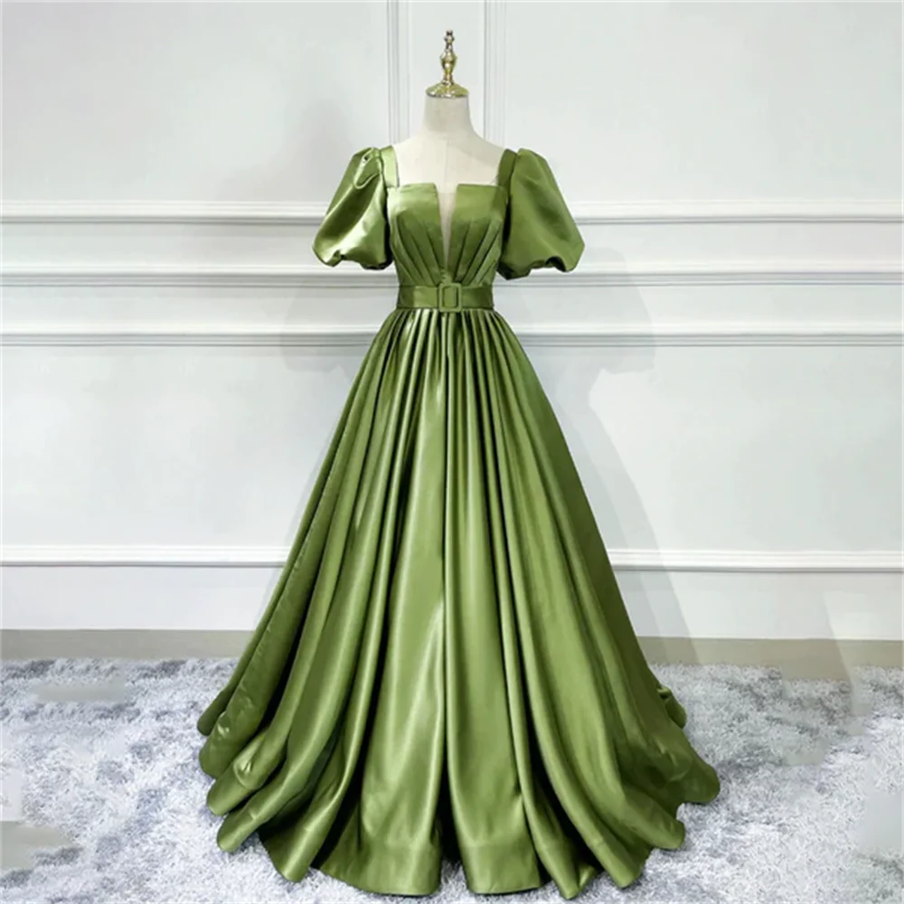 

Lily Green A Line Prom Dress Puffy Sleeves Party Dresses Stain Celebrity Gowns With Belt Wedding Party Dresses вечерние платья