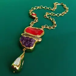 Y · Ying Rood Koraal Amethist Druzy Wit Kwarts Biwa Parel Hanger Vergulde Ketting Ketting