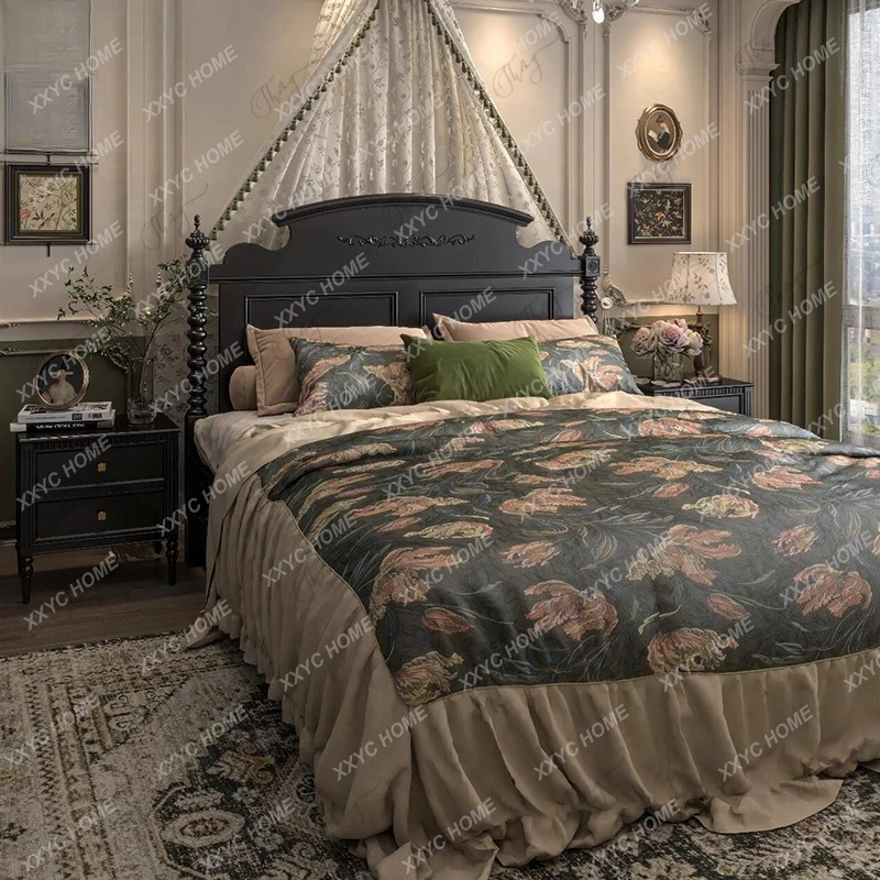 A Solid wood simple retro black double bed  bedroom hand-carved bed high-end customization