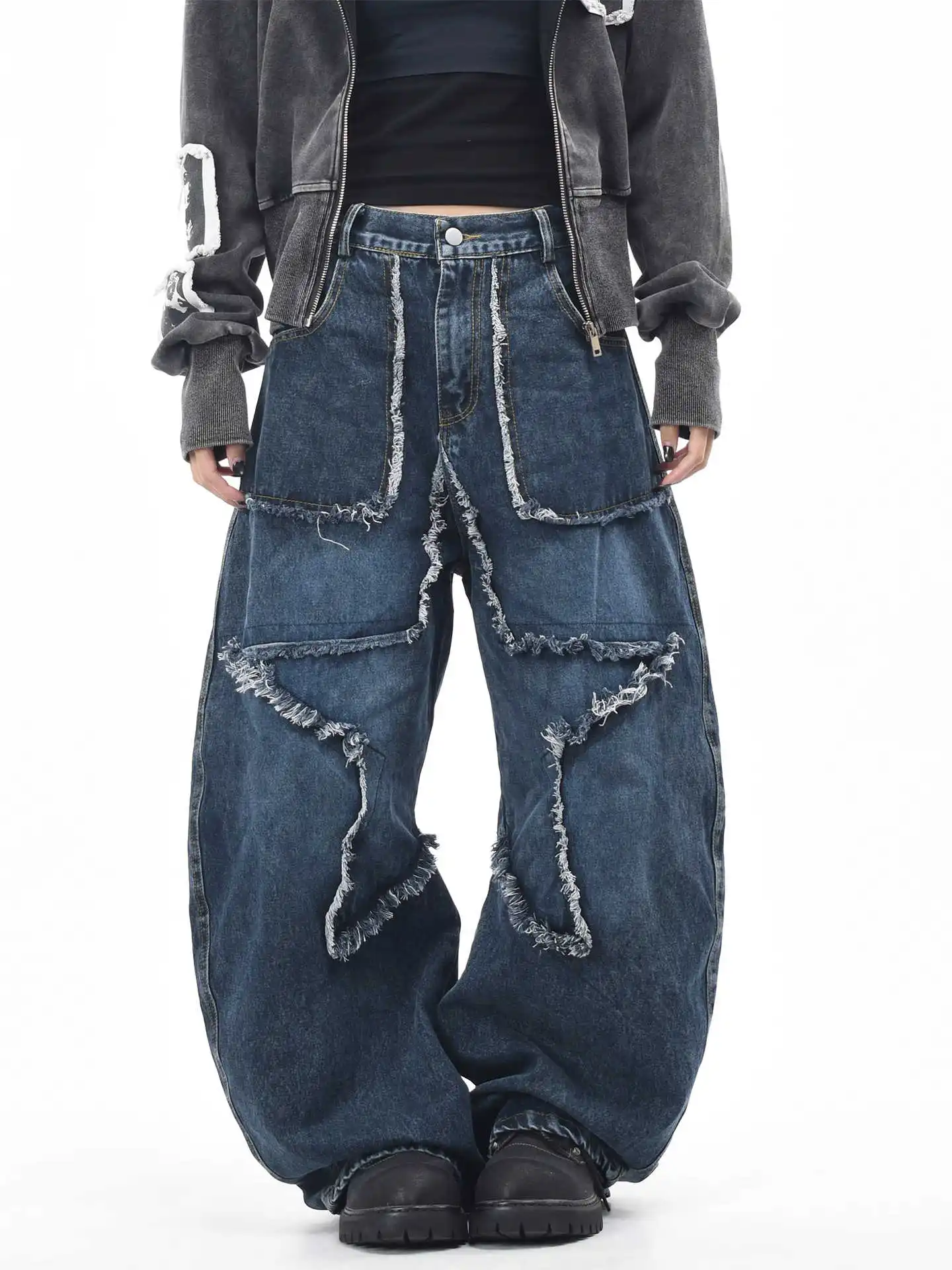 

Женские темно-синие мешковатые джинсы со звездами Y2k, винтажные джинсовые брюки в стиле Харадзюку, японский стиль 2000-х годов, большие джинсы-бойфренды, осенние брюки