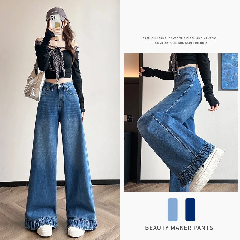 

Широкие брюки, женские джинсы для подростков, длинные свободные прямые джинсы с рюшами для девочек, уличная одежда, ковбойские женские джинсовые брюки