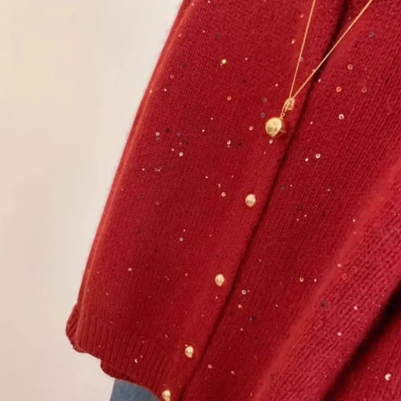 Gentle atmosphere sequined round neck sweater cardigan for women Spring and Autumn retro red soft and sticky knitted jacket