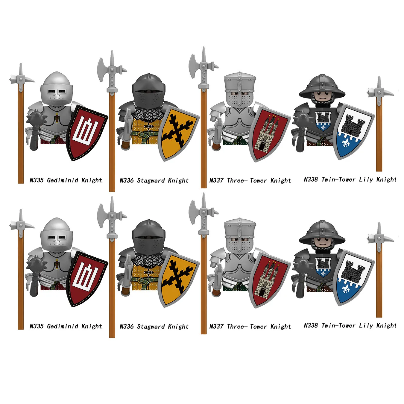 MOC Mittelalterliche Burgturm-Ritterfiguren Bausteine Waffen Schild Schwert Helme Rüstung Weste Hirsch Soldaten Armee Bausteine Spielzeug