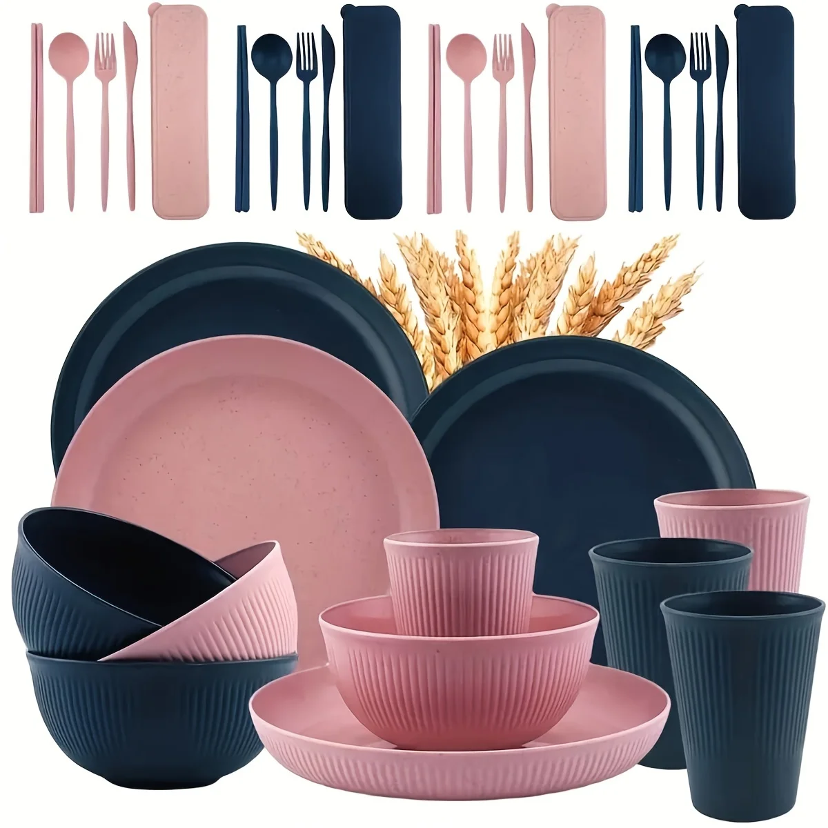 

32 piece straw plastic portable tableware set, cup, plate, bowl, home, outdoor dinner dish set, tableware set, 32 pieces