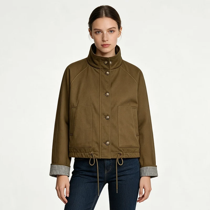 Women Jacket Stand Collar Twill Coat Long Sleeve Drawstring Waist Plaid Cuff Casual Outerwear