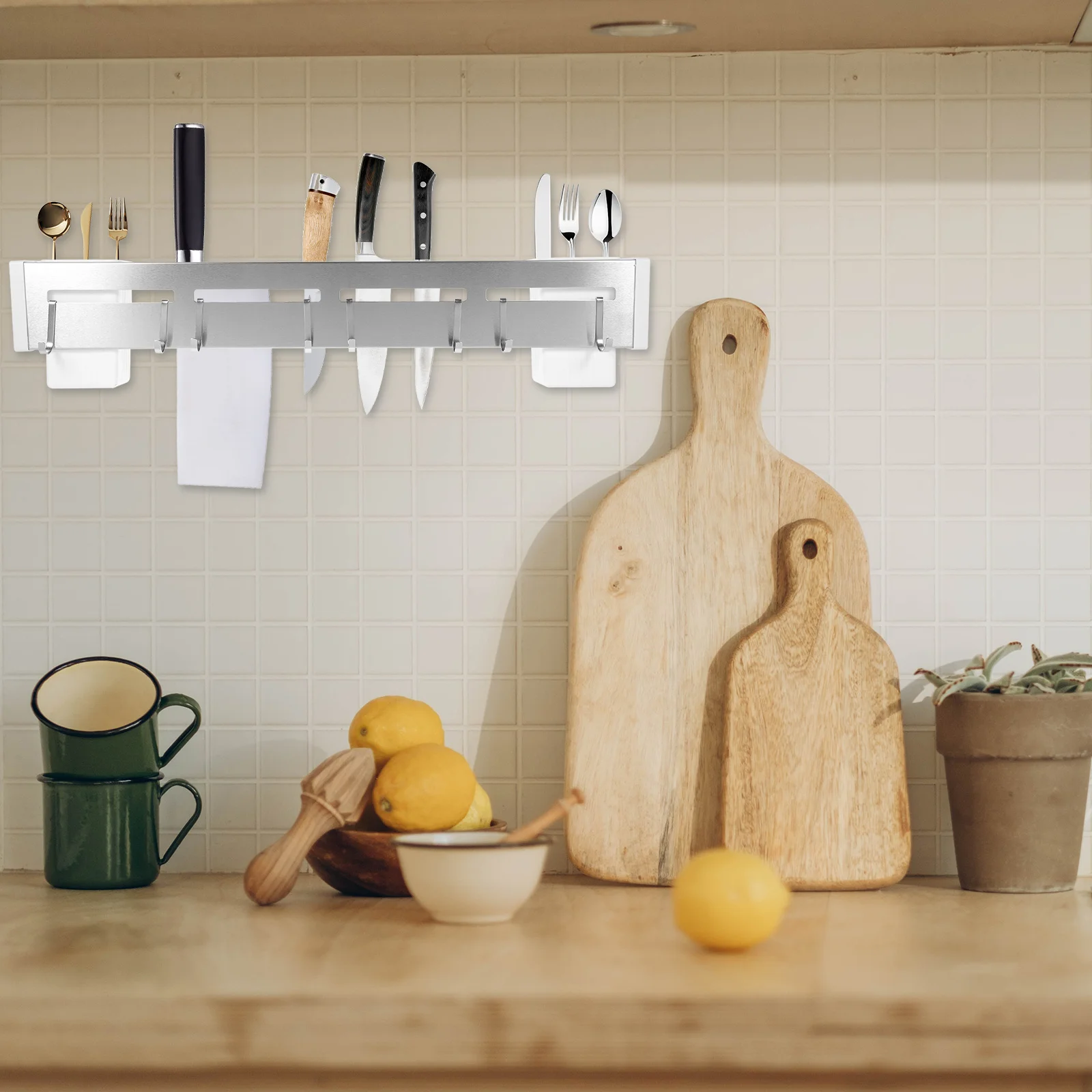 

Stainless Steel Wall Cutter Holder Kitchen Rack Easy Install No Drilling Cutter Storage Organizer Compact Space Saving Utensil