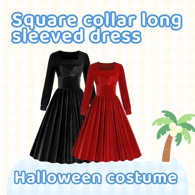 

European American Women's Square Neck Long Sleeve Vintage Christmas Style Long Dress for Christmas Celebrations Daily Wear