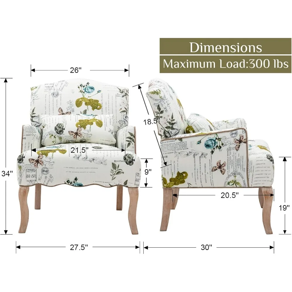 Living Room Chairs Set of 2 with Pillow, Mid Century Modern Linen Floral Armchair, Upholstered Single Sofa Living Room Chair