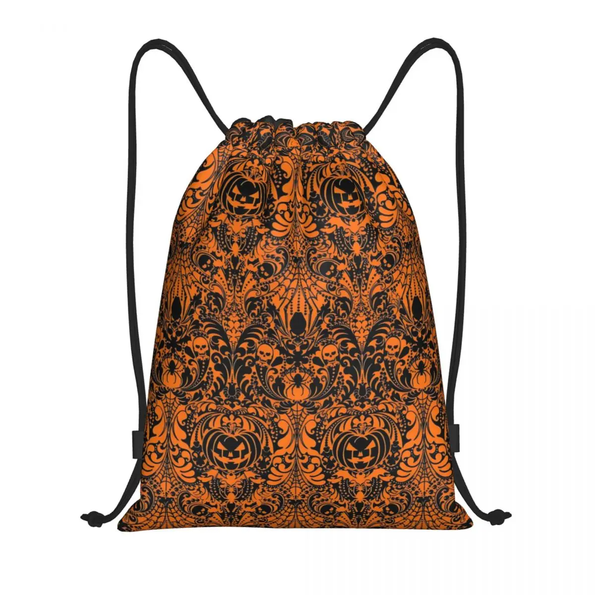 Custom Spooky Halloween Damask Pattern With Jack O'lanterns Spiders And Skulls On Dark Orange Drawstring Bag Foldable Backpacks